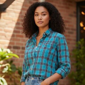 HOLLISTER Plaid Shirt Blouse Teal Blue Women’s Size Small FAST SHIPPING 3309-9